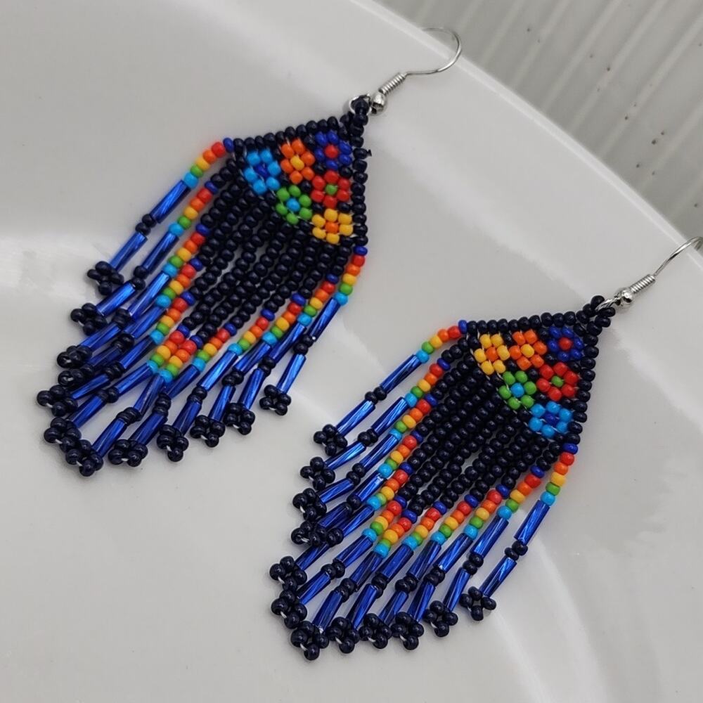 Indigo Nomad Retro Blue Floral Beaded Dangle Earrings - Picture 2 of 3
